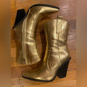Metallic croc embossed ankle cowboy boots